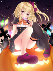 Rule 34 | 1girl, alternate costume, asymmetrical legwear, black dress, black thighhighs, blonde hair, blush, bow, candy, commentary, convenient leg, covering own mouth, cross, dress, english commentary, flandre scarlet, food, foreshortening, gradient sky, hair between eyes, hair ribbon, halloween, halloween costume, head tilt, holding, holding candy, holding food, holding lollipop, jack-o&#039;-lantern, lollipop, looking at viewer, mary janes, no headwear, one side up, orange bow, orange neckwear, purple footwear, purple ribbon, red eyes, ribbon, shoes, short hair, short sleeves, sitting, sitting on object, sky, solo, star (sky), starry sky, swirl lollipop, thighhighs, tosakaoil, touhou, uneven legwear, wings