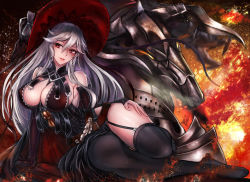 Rule 34 | 1girl, arm support, armor, bare shoulders, belt, black bow, black dress, black gloves, black thighhighs, bow, breasts, cape, cleavage, detached sleeves, dress, elbow gloves, embers, fire, frilled sleeves, frills, full body, garter straps, gloves, glowing, glowing eyes, granblue fantasy, hand on own thigh, hat, highres, horns, large breasts, leg up, long hair, looking away, magisa (granblue fantasy), monster, morax (granblue fantasy), parted lips, red eyes, sideboob, silver hair, sitting, sleeves past wrists, striped clothes, striped dress, thighhighs, thighs, vertical-striped clothes, vertical-striped dress, very long hair, witch, witch hat, yellow eyes, ytoy