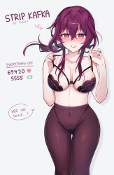 Rule 34 | 1girl, absurdres, aivysu, black bra, blush, bra, bra pull, breasts, clothes pull, collarbone, commentary, covered navel, english commentary, english text, eyewear on head, highres, honkai: star rail, honkai (series), kafka (honkai: star rail), lace, lace-trimmed bra, lace trim, large breasts, linea alba, long hair, looking at viewer, meme, nail polish, open mouth, panties, panties under pantyhose, pantyhose, purple eyes, purple hair, purple nails, purple pantyhose, smile, solo, sunglasses, twitter strip game (meme), underwear