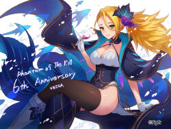 1girl absurdres arm_support blonde_hair boots breasts brown_thighhighs chain cleavage cup drinking_glass gloves green_eyes grey_footwear highres holding holding_cup looking_at_viewer mole mole_under_eye official_alternate_costume official_art parted_lips phantom_of_the_kill second-party_source sitting solo thighhighs thyrsus_(phantom_of_the_kill) uessa white_gloves wine_glass