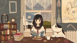 Rule 34 | 1girl, :x, awakumo, black eyes, black hair, black sailor collar, book, book stack, bookshelf, candle, cat, chair, clock, closed mouth, cloud, commentary request, creamer (vessel), cup, day, eyes visible through hair, unworn eyewear, fence, film grain, flower, flower pot, food, food request, glasses, hair ornament, hairclip, hexagram, holding, holding book, house, indoors, japanese flag, key, long sleeves, medium hair, mug, neckerchief, on chair, open book, original, picture frame, plant, plate, poster (object), potted plant, radiator, reading, red neckerchief, romaji text, round eyewear, ruler, sailor collar, school uniform, serafuku, shirt, sitting, solo, straight-on, table, teaspoon, translation request, white flower, white shirt, windowsill, wooden chair, wooden table