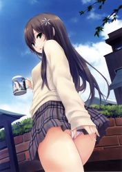 Rule 34 | 1girl, absurdres, black hair, blue eyes, blue sky, cardigan, cloud, coffee-kizoku, covering privates, covering ass, cup, day, fingernails, from below, highres, long fingernails, long hair, looking back, mug, panties, pantyshot, parted lips, perspective, plaid, plaid skirt, pleated skirt, recursion, school uniform, skirt, sky, sleeves past wrists, solo, standing, sweater, underwear, upskirt, white panties