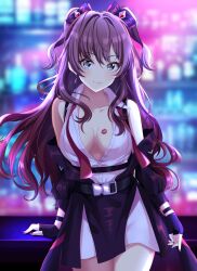 Rule 34 | 1girl, :3, absurdres, anfang0301, bare shoulders, belt buckle, black jacket, blue eyes, breasts, brown hair, buckle, cleavage, earrings, fingerless gloves, gloves, hair ornament, highres, ichinose shiki, idolmaster, idolmaster cinderella girls, idolmaster cinderella girls starlight stage, jacket, jewelry, lipstick mark, long hair, looking at viewer, medium breasts, nail polish, off shoulder, shirt, short twintails, sleeveless, sleeveless shirt, solo, twintails, wavy hair, white shirt
