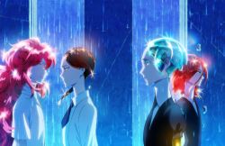 Rule 34 | 4others, androgynous, black neckwear, crystal hair, from side, gem uniform (houseki no kuni), golden arms, highres, houseki no kuni, long hair, multiple others, necktie, official art, padparadscha (houseki no kuni), phosphophyllite, rutile (houseki no kuni), cinnabar (houseki no kuni), shirt, short hair, white shirt