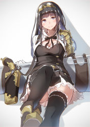 Rule 34 | 10s, 1girl, armor, belt, black dress, black hair, black thighhighs, blush, breasts, capelet, cleavage, dress, frilled thighhighs, frills, gloves, goggles, goggles on head, granblue fantasy, highres, huge weapon, jessica (granblue fantasy), large breasts, long hair, looking at viewer, nanahara fuyuki, panties, pantyshot, pink eyes, short dress, shoulder armor, sitting, skirt, smile, solo, sword, thighhighs, thighs, underwear, upskirt, weapon, white gloves, white panties, zettai ryouiki