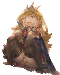 Rule 34 | 10s, 1girl, :d, aos, black thighhighs, blonde hair, bow, bracer, cagliostro (granblue fantasy), cape, crotch, fingernails, full body, granblue fantasy, hairband, hands on own cheeks, hands on own face, long hair, no shoes, open mouth, panties, pantyshot, purple eyes, red skirt, simple background, skirt, smile, solo, spikes, squatting, thighhighs, underwear, white background, white panties