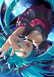 Rule 34 | 1girl, ahoge, aqua eyes, aqua hair, arm up, black dress, black pantyhose, corset, dress, earth (planet), fingernails, floating, frilled dress, frills, furai, hatsune miku, heart, heart ahoge, highres, long hair, no shoes, open mouth, pantyhose, planet, puffy sleeves, sky, smile, solo, space, star (sky), starry sky, teeth, tongue, twintails, upper teeth only, vocaloid