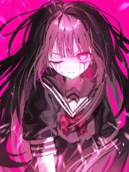 Rule 34 | 1girl, asagiri aya, black hair, black shirt, blood, bloody tears, blunt bangs, bright pupils, heart, heart-shaped pupils, highres, long hair, mahou shoujo site, mule al, one eye closed, pink background, pink eyes, red ribbon, ribbon, sailor collar, school uniform, shirt, solo, symbol-shaped pupils