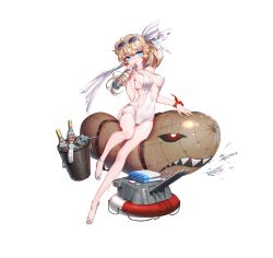 Rule 34 | 1girl, absurdres, aircraft, alcohol, battleship girl, belt, blonde hair, blue eyes, bottle, breasts, bucket, center opening, clothing cutout, collarbone, command &amp; conquer: red alert 2, command &amp; conquer, covered erect nipples, dirigible, dripping, eyebrows, eyewear on head, fingernails, full body, garter straps, glasses, hair between eyes, hair ribbon, halterneck, high heels, highres, holding, holding bottle, ice, ice cube, kirov (battleship girl), kirov airship, lifebuoy, light brown hair, long fingernails, long hair, looking at viewer, lotion bottle, medium breasts, official art, one-piece swimsuit, quuni, red alert 2, ribbon, sandals, shade, shoes, side cutout, skindentation, smile, solo, spill, stolichnaya (vodka), strap gap, suggestive fluid, sunglasses, swim ring, swimsuit, thigh strap, toeless footwear, toes, towel, transparent background, turret, vodka, wet, white-framed eyewear, white footwear, white one-piece swimsuit, wine bottle, wrist ribbon