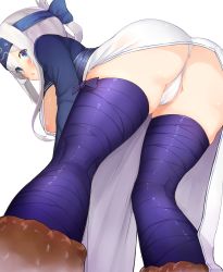 Rule 34 | 10s, 1girl, absurdres, ainu clothes, blue eyes, blue headband, boruhis, breasts, chestnut mouth, folded ponytail, hair between eyes, headband, highres, kamoi (kancolle), kantai collection, large breasts, nipples, panties, simple background, solo, underwear, white background, white hair, white panties