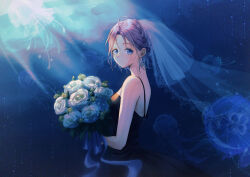 Rule 34 | 1girl, absurdres, ahoge, asakura toru, black dress, bouquet, breasts, bridal veil, dress, earrings, flower, highres, holding, holding bouquet, idolmaster, idolmaster shiny colors, jellyfish, jewelry, lace-trimmed veil, lace trim, light rays, looking at viewer, looking to the side, medium breasts, natsu (jar1010), parted bangs, purple hair, rose, sleeveless, sleeveless dress, solo, underwater, veil, white flower, white rose