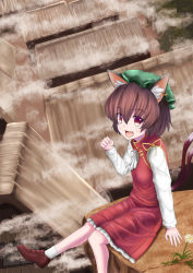 Rule 34 | 1girl, :d, animal ears, blush, brown hair, cat ears, cat tail, chen, chinese clothes, earrings, fang, flower, fog, from side, hat, house, jewelry, long sleeves, looking at viewer, looking to the side, luke (kyeftss), mob cap, multiple tails, open mouth, red eyes, red skirt, red vest, short hair, single earring, sitting, skirt, smile, solo, tail, touhou, two tails, vest
