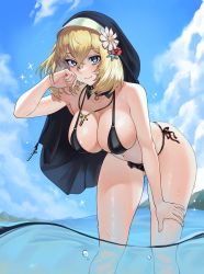 Rule 34 | 1girl, absurdres, bare legs, bikini, black bikini, blonde hair, blue eyes, blue sky, breasts, character request, cleavage, closed mouth, cloud, commentary request, copyright request, cross, cross necklace, day, detached collar, feet out of frame, flower, gemi ningen, habit, hair between eyes, hair flower, hair ornament, hand on own cheek, hand on own face, hand on thigh, highres, jewelry, korean commentary, large breasts, leaning forward, looking at viewer, navel, necklace, nun, outdoors, partially submerged, short hair, sky, smile, solo, sparkle, standing, swimsuit, thighs, water, wet