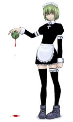Rule 34 | 1girl, apron, arm garter, black thighhighs, blood, bob cut, boots, creature, cross, dress, flat chest, frilled thighhighs, frills, full body, goth fashion, green hair, holding, iya maid, latin cross, lowres, maid, maid apron, maid headdress, marimo, o o, open mouth, original, pigeon-toed, shadow, short dress, short hair, simple background, solo, standing, thighhighs, waist apron, white background, wrist cuffs, zettai ryouiki