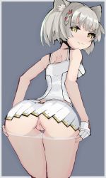Rule 34 | 1girl, animal ear fluff, animal ears, anus, ass, ass focus, back, bare arms, bare shoulders, blush, breasts, butt crack, cameltoe, camisole, cat ears, cleft of venus, gloves, grey hair, hand on own hip, highres, kitami tsuzuka, looking at viewer, looking back, mio (xenoblade), panties, panty pull, pulled by self, pussy, short hair, small breasts, smile, solo, tattoo, thigh gap, thighs, underwear, undressing, wavy mouth, white gloves, white panties, xenoblade chronicles (series), xenoblade chronicles 3, yellow eyes