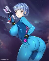 Rule 34 | 1girl, aqua bodysuit, ass, blunt bangs, blush, bodysuit, breasts, brown eyes, closed mouth, cosplay, covered nipples, cowboy shot, fire emblem, fire emblem: three houses, from behind, gun, hand on own ass, highres, holding, holding gun, holding weapon, impossible clothes, jarckius, large breasts, leaning forward, looking back, marianne von edmund, metroid, nintendo, samus aran, samus aran (cosplay), skin tight, sky, smile, solo, star (sky), starry sky, weapon, zero suit