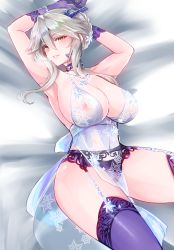 Rule 34 | 10eki (tenchou), 1girl, absurdres, armpits, arms behind head, arms up, artoria pendragon (fate), artoria pendragon (lancer alter) (fate), artoria pendragon (lancer alter) (royal icing) (fate), babydoll, bare shoulders, black gloves, black panties, black thighhighs, blush, braid, breasts, choker, cleavage, collarbone, covered erect nipples, covered navel, eyelashes, fate/grand order, fate (series), french braid, garter belt, gloves, hair between eyes, hair bun, hair ornament, highres, hip focus, horns, jewelry, large breasts, lingerie, long hair, looking at viewer, navel, necklace, official alternate costume, panties, parted lips, see-through, sidelocks, silver hair, single hair bun, smile, snowflake hair ornament, snowflake print, solo, thighhighs, thighs, underwear, yellow eyes
