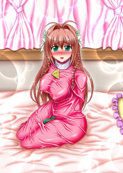 Rule 34 | 1girl, bdsm, bed, blue eyes, blush, bondage, bound, braid, breasts, brown hair, collar, curvy, covered erect nipples, female focus, green eyes, highres, kousoku, large breasts, latex, long hair, looking at viewer, muv-luv, open mouth, sitting, smile, solo, suzumiya haruka, thick thighs, thighs, wide hips