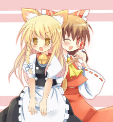 Rule 34 | 2girls, animal collar, animal ear fluff, animal ears, apron, ascot, bell, black vest, blonde hair, blush, bow, braid, brown eyes, cat ears, cat tail, collar, commentary request, detached sleeves, frilled bow, frilled hair tubes, frills, hair bow, hair tubes, hakurei reimu, kirisame marisa, long hair, multiple girls, neck bell, no headwear, one eye closed, open mouth, puffy short sleeves, puffy sleeves, red bow, red collar, red eyes, red skirt, ribbon-trimmed sleeves, ribbon trim, short sleeves, side braid, single braid, skirt, skirt set, smile, sweatdrop, tail, touhou, tsunono, vest, waist apron, white apron, white bow, yellow ascot