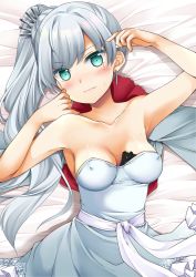 Rule 34 | 1girl, aqua eyes, armor, bare shoulders, blush, breasts, breasts apart, cleavage, closed mouth, collarbone, covered erect nipples, dress, hair ornament, half-closed eyes, long hair, lying, on back, ponytail, rwby, sakura hanatsumi, scar, small breasts, solo, strapless, strapless dress, sweat, very long hair, wavy mouth, weiss schnee, white hair