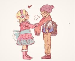 Rule 34 | 1boy, 1girl, artist request, backpack, blonde hair, boots, bow, brother and sister, dress, earmuffs, fur trim, hat, one piece, sanji (one piece), scarf, siblings, source request, sweater, vinsmoke family, vinsmoke reiju, aged down