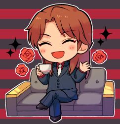 Rule 34 | 1boy, black footwear, black pants, blush stickers, brown hair, chibi, chibi only, closed eyes, collared shirt, couch, crossed legs, cup, facing viewer, flower, full body, holding, holding cup, ichijou seiya, kaiji, long hair, long sleeves, male focus, necktie, no nose, numae kaeru, open mouth, outline, pants, red flower, red rose, red shirt, rose, shirt, solo, sparkle, striped background, waving, white necktie, white outline