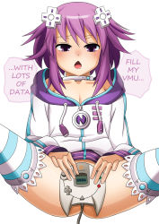 Rule 34 | choker, covering crotch, covering privates, d-pad, game console, hair ornament, hentyler, highres, hood, hoodie, looking at viewer, neptune (neptunia), neptune (series), no panties, purple eyes, purple hair, saliva, sega dreamcast, sexually suggestive, short hair, spread legs, striped clothes, striped thighhighs, thighhighs