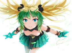 Rule 34 | 1girl, ahoge, animal ears, atalanta (fate), blonde hair, blush, breasts, closed mouth, downblouse, fate/apocrypha, fate/grand order, fate (series), floating hair, gloves, green eyes, green gloves, green hair, green skirt, kusano houki, leaning forward, long hair, looking at viewer, medium breasts, multicolored hair, pleated skirt, simple background, skirt, small breasts, smile, solo, tail, two-tone hair, white background