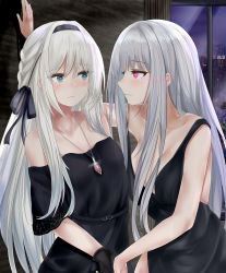 Rule 34 | 2girls, absurdres, against wall, ak-12 (girls&#039; frontline), an-94 (girls&#039; frontline), arm up, bare arms, bare shoulders, black bow, black dress, black gloves, black hairband, blush, bow, braid, breasts, cleavage, closed mouth, collarbone, commentary request, couple, dress, eye contact, female focus, girls&#039; frontline, gloves, green eyes, hair between eyes, hair bow, hairband, heart, heart-shaped pupils, highres, indoors, jewelry, long hair, looking at another, medium breasts, multiple girls, off-shoulder dress, off shoulder, pendant, profile, purple eyes, ru zhai, short sleeves, sleeveless, sleeveless dress, small breasts, sweat, symbol-shaped pupils, very long hair, wavy mouth, white hair, yuri