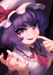 Rule 34 | 1girl, absurdres, ascot, black background, fang, hat, hat ribbon, highres, looking at viewer, mob cap, nail polish, open mouth, purple hair, reiesu (reis), remilia scarlet, ribbon, short hair, simple background, smile, solo, touhou, upper body