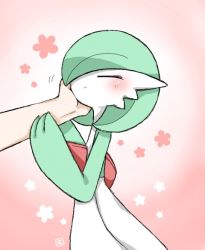 Rule 34 | 1girl, artist request, blush, closed eyes, creatures (company), disembodied limb, female focus, from side, game freak, gardevoir, gen 3 pokemon, gradient background, green hair, hair over one eye, hand on another&#039;s face, hands up, jpeg artifacts, nintendo, pink background, pokemon, pokemon (creature), pokemon rse, short hair, signature, simple background, solo, standing, text focus