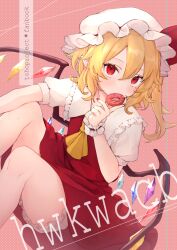Rule 34 | 1girl, ascot, blonde hair, bloomers, cowboy shot, crystal wings, doughnut, dress, english text, flandre scarlet, food, frilled dress, frills, hat, hat ribbon, honotai, looking at viewer, pointy ears, puffy sleeves, red ribbon, ribbon, side ponytail, solo, touhou, underwear, white bloomers, white mob cap, yellow ascot