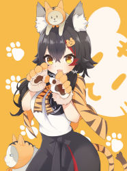 Rule 34 | 1girl, :d, absurdres, animal, animal ear fluff, animal ears, animal hands, animal on head, animal print, black hair, blush, brown eyes, cat, cat on head, chinese zodiac, commentary request, cowboy shot, gloves, hair between eyes, hair ornament, highres, hololive, long hair, looking at viewer, multicolored hair, on head, ookami mio, ookami mio (street), open mouth, paw gloves, paw print, paw print background, print capelet, red hair, shirt, simple background, smile, solo, standing, streaked hair, taiga (ookami mio), tail, tawa (ookami mio), tiger hair ornament, tiger print, tiger tail, virtual youtuber, wappa, white shirt, wolf ears, year of the tiger