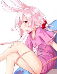 Rule 34 | 1girl, animal ear fluff, animal ears, baram, bean bag chair, rabbit ears, clothes writing, from side, hair bobbles, hair ornament, hand on own leg, legs, crossed legs, long hair, low twintails, no panties, no pants, outstretched arm, pink hair, pink shirt, red eyes, shirt, short sleeves, simple background, sitting, smile, solo, t-shirt, tomari mari, tomari mari channel, twintails, virtual youtuber, white background