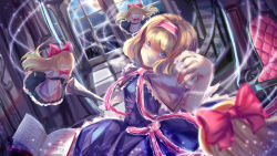Rule 34 | 1girl, alice margatroid, apron, blonde hair, blue dress, blue eyes, book, bow, bowtie, capelet, closed mouth, dress, from side, hair bow, hairband, indoors, jewelry, lance, lolita hairband, looking at viewer, looking to the side, moonlight, nga (ray ray), night, night sky, open book, polearm, puppet rings, puppet strings, red bow, red bowtie, ring, sash, shanghai doll, short hair, sky, smile, solo, star (sky), starry sky, touhou, waist apron, weapon, window