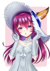 Rule 34 | 1girl, animal ears, bare shoulders, commentary request, detached collar, dog ears, dress, elbow gloves, elin, gloves, hands on headwear, hat, highres, kumehara chiyota, long hair, open mouth, purple eyes, purple hair, solo, strapless, strapless dress, sun hat, tera online, upper body, white dress, white gloves