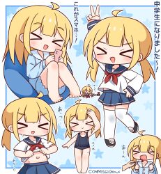 &gt;_&lt; 1girl 1other :d absurdres ahoge bare_arms bare_legs bare_shoulders barefoot black_footwear blonde_hair blue_background blue_one-piece_swimsuit blue_pajamas blue_sailor_collar blue_shirt blue_shorts blue_skirt blush border cellphone closed_mouth clothes_lift commission dress_shirt hana_kazari highres holding holding_phone holding_spoon knees_up lifting_own_clothes long_hair long_sleeves low_twintails multiple_views navel neckerchief old_school_swimsuit one-piece_swimsuit open_mouth original pajamas phone pleated_skirt puffy_long_sleeves puffy_sleeves red_neckerchief sailor_collar school_swimsuit school_uniform selfie_stick serafuku shirt shirt_lift shoes shorts sitting skeb_commission skirt sleeves_past_wrists smile spoon standing standing_on_one_leg star_(symbol) stomach swimsuit thighhighs translation_request twintails v v-shaped_eyebrows white_border white_shirt white_thighhighs xd