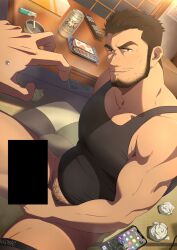 Rule 34 | 1boy, bar censor, bara, beard, beer can, black tank top, brown hair, can, censored, cigarette, facial hair, feet out of frame, grey male underwear, hair slicked back, head tilt, highres, large pectorals, male focus, male pubic hair, male underwear, muscular, muscular male, mustache stubble, nervous sweating, no pants, original, oro9, paid reward available, pectoral cleavage, pectorals, penis grab, phone, pov, pov hands, pubic hair, seductive smile, short hair, sidepec, sitting, smile, solo focus, sweat, tank top, thick eyebrows, thick thighs, thighs, underwear, underwear around one leg, used tissue