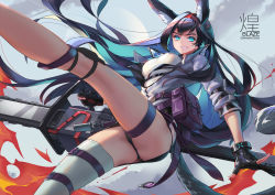 Rule 34 | 1girl, animal ear fluff, animal ears, arknights, black hair, blaze (arknights), blue eyes, breasts, cat ears, chainsaw, character name, elbow pads, elite ii (arknights), fire, floating hair, gloves, grin, hairband, hand guard, headset, holding, holding weapon, jacket, knee pads, large breasts, leg up, long hair, looking at viewer, multiple straps, open clothes, open jacket, popped collar, pouch, sidelocks, sima naoteng, single thighhigh, skirt, smile, solo, thigh strap, thighhighs, very long hair, weapon, white jacket, wind