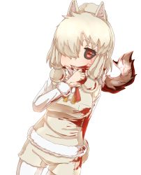 Rule 34 | 10s, 1girl, alpaca suri (kemono friends), alpaca tail, arm at side, black sclera, blonde hair, blood, blood on face, blood on hands, colored sclera, commentary request, extra ears, fur collar, hair over one eye, highres, horizontal pupils, kemono friends, parted lips, red eyes, short shorts, shorts, simple background, smile, solo, tail, thin (suzuneya), tokyo ghoul, white background