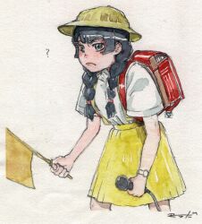 Rule 34 | 1girl, ?, backpack, bag, black eyes, black hair, braid, closed mouth, commentary, cosplay, cropped legs, flag, frown, hair over shoulder, hat, highres, holding, holding flag, holding microphone, hunched over, long hair, looking at viewer, low twin braids, microphone, mokobo (motbtkt), nijisanji, painting (medium), randoseru, red bag, school hat, signature, simple background, skirt, solo, suspender skirt, suspenders, symbol-only commentary, togawa jun, togawa jun (cosplay), traditional media, tsukino mito, twin braids, v-shaped eyebrows, virtual youtuber, watch, watercolor (medium), wristwatch, yellow hat, yellow skirt