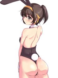 Rule 34 | 1girl, animal ears, ass, bow, bowtie, brown eyes, brown hair, detached collar, fake animal ears, from behind, haruhisky, highres, leotard, one-piece thong, playboy bunny, ponytail, rabbit ears, rabbit tail, short hair, solo, suzumiya haruhi, suzumiya haruhi no yuuutsu, tail, thong leotard, wrist cuffs