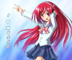 Rule 34 | :d, atomix, bow, english text, headphones, long hair, open mouth, red hair, school uniform, smile, text focus, translated, v