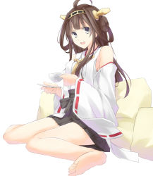 Rule 34 | 10s, 1girl, ahoge, bare shoulders, barefoot, brown hair, cup, detached sleeves, double bun, grey eyes, hairband, headgear, highres, japanese clothes, kantai collection, kongou (kancolle), leyte, long hair, looking at viewer, nontraditional miko, personification, sitting, smile, solo, teacup