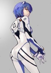 Rule 34 | 1girl, absurdres, ass, ayanami rei, back, blue hair, closed mouth, gloom (expression), gradient background, grey background, hara kenshi, highres, looking back, neon genesis evangelion, plugsuit, red eyes, short hair, simple background, solo, thigh gap