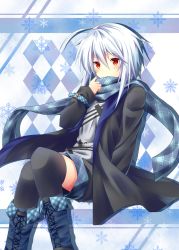 Rule 34 | 1girl, adjusting scarf, ahoge, argyle, argyle background, argyle clothes, arm strap, black footwear, black jacket, black thighhighs, blush, boots, covered mouth, cross-laced footwear, highres, jacket, kure~pu, lace-up boots, looking at viewer, open clothes, open jacket, original, over-kneehighs, plaid, plaid scarf, pulled by self, red eyes, scarf, scarf pull, shirt, shorts, silver hair, sitting, snowflake background, solo, thighhighs, white shirt