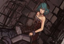 Rule 34 | 1girl, ahegao, bare shoulders, black pantyhose, breasts, choker, cleavage, collar, cuffs, demon girl, dress, fang, fiend (juniper&#039;s knot), green hair, highres, horns, juniper&#039;s knot, large breasts, panties (pantsu-pirate), pantyhose, pointy ears, rolling eyes, shackles, short hair, sitting, solo, strapless, strapless dress, sweat, tongue, tongue out, yellow eyes