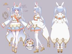 Rule 34 | 1girl, absurdres, animal ear fluff, animal ears, ankle bow, ankle ribbon, arm at side, blue hair, bow, breasts, character sheet, cleavage, cleavage cutout, clothing cutout, dress, earrings, flower, from side, full body, garter straps, gloves, grey background, hair flower, hair ornament, highres, hikimayu, hololive, jewelry, leg ribbon, light blue hair, long hair, long sleeves, looking at viewer, multiple views, official art, open mouth, pom pom (clothes), pom pom earrings, puffy sleeves, rabbit ears, rabbit tail, red eyes, ribbon, saekiyahiro, shoes, sleeves past fingers, sleeves past wrists, small breasts, tail, tassel, teeth, thighhighs, tiara, turnaround, twintails, upper teeth only, usada pekora, usada pekora (pekoland princess), virtual youtuber, waist cape, white gloves, white hair, white thighhighs, yellow footwear