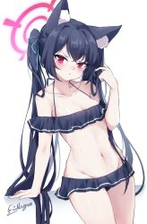 Rule 34 | 1girl, absurdres, animal ear fluff, animal ears, bare arms, bare legs, bare shoulders, bikini, black bikini, black hair, blue archive, blush, breasts, cat ears, cleavage, closed mouth, collarbone, cowboy shot, extra ears, frilled bikini, frills, groin, halo, highres, long hair, looking at viewer, mixiguo 1205, navel, official alternate costume, pink halo, red eyes, serika (blue archive), serika (swimsuit) (blue archive), small breasts, solo, swimsuit, twintails