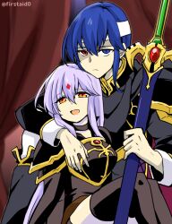 Rule 34 | 1boy, 1girl, alternate costume, arm around shoulder, blue eyes, brother and sister, collar, corruption, dark persona, dress, facial mark, fire emblem, fire emblem: genealogy of the holy war, forehead mark, headband, heterochromia, holding, holding sword, holding weapon, julia (fire emblem), long hair, looking at viewer, mind control, nintendo, open mouth, purple hair, red eyes, seliph (fire emblem), siblings, staring, sword, thighs, tyrfing (fire emblem), weapon, white headband, yukia (firstaid0)